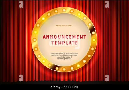 Round shape gold frame with lighting bulbs, template in vintage style on red Stock Vector