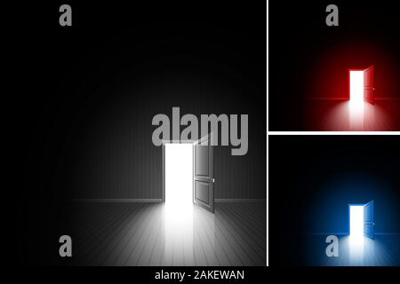 Open door in a dark room; Bright light outside - illuminates the floor; The concept of only decision, daring choice, exit, finding of freedom; Chance Stock Vector