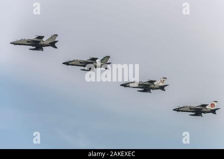 LINATE MILAN, ITALY October 12 2019  -  line up of AMX Ghibli military fighter airplanes with different insignia flights at airshow, shot in fall brig Stock Photo