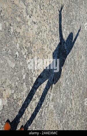Silhouette of a girl with her arms raised up in the air cast on the ground.Concept: elation, enthusiasm. Stock Photo