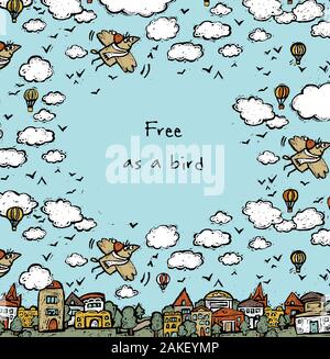 Freedom frame fly bird sky clouds card or poster Stock Vector