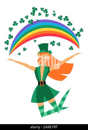 Illustration of Irish fantastic character leprechaun girl. Saint Patricks Day celebration. Stock Vector