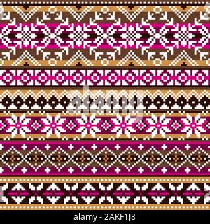Scottish Fair Isle style traditional knitwear vector seamless pattern, retro Shtelands knit repetitive design with snowflakes in brown and pink Stock Vector
