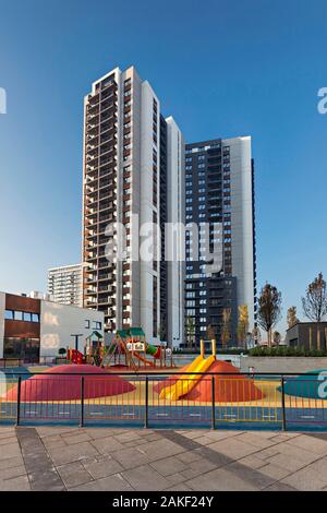 Belgrade, Serbia October 15, 2019: Belgrade Waterfront Residences. Modern playground and building facade in Belgrade. New settlement in Belgrade on Sa Stock Photo