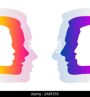 Man and woman hide true feelings by an indifferent neutral faces; Social relationships and communication between man and woman; Silhouettes Stock Vector