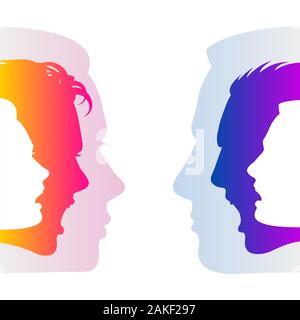 hide feelings communication face expression emotion man woman silhouettes Stock Vector