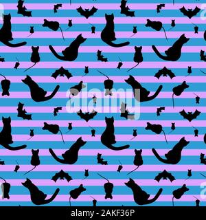 Seamless pattern with black cats and mouses. Bright strips in blue and pink colors. Stock Photo