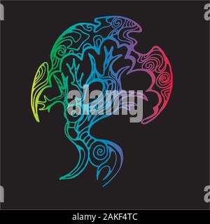 Neon illustration of a bud walking tree on the roots. Tree of life with ornament. Stock Vector
