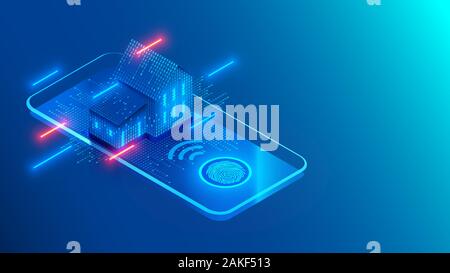 Smart home technology on screen smartphone on blue background. Internet of things conceptual isometric illustration. Digital House. Access to IOT Stock Vector