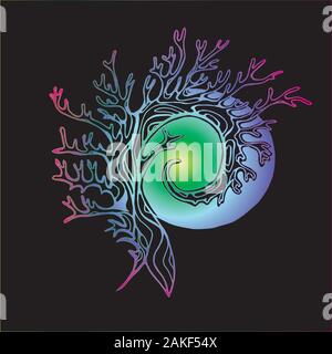 Neon illustration of a tree that spirals in the background of the sun or moon. Stock Vector
