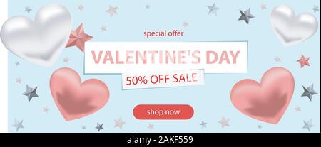 Valentine day sale background. Romantic composition with three hearts on a blue background. Vector illustrations for the site, posters, advertising Stock Vector