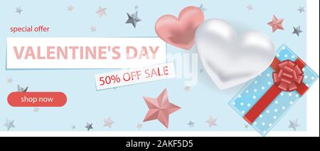 Valentine day sale background. Romantic composition with hearts, stars and gift box on a blue background. Vector illustrations for the site, posters Stock Vector