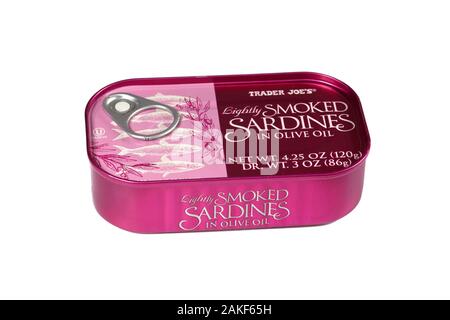 An unopened can of Trader Joes brand Sardines isolated on a white background. cutout image for illustration and editorial use. Stock Photo