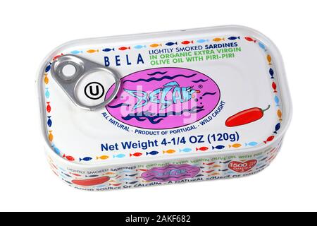 A can of Bela brand lightly smoked sardines in olive oil with piri-piri isolated on a white background. cutout image for illustration and editorial us Stock Photo
