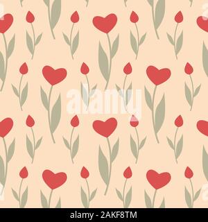 Seamless pattern with hearts in the form of flowers tulips. Spring floral background. Vector illustration EPS10 Stock Vector