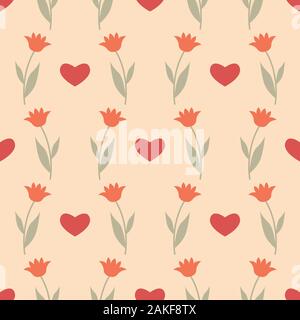 Seamless pattern with hearts and flowers tulips. Spring floral background. Vector illustration EPS10 Stock Vector