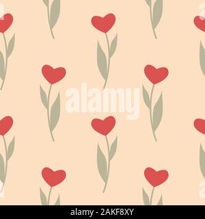 Seamless pattern with hearts in the form of flowers tulips. Spring floral background. Vector illustration EPS10 Stock Vector