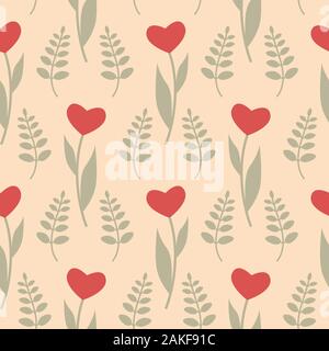 Seamless pattern with hearts in the form of flowers tulips. Spring floral background. Vector illustration EPS10 Stock Vector