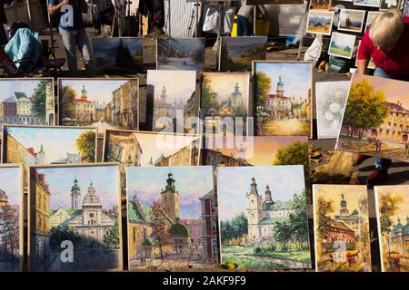 Art Work and paintings depicting historical buildings in the city, for sale in the central street market of Lviv, Ukraine Stock Photo
