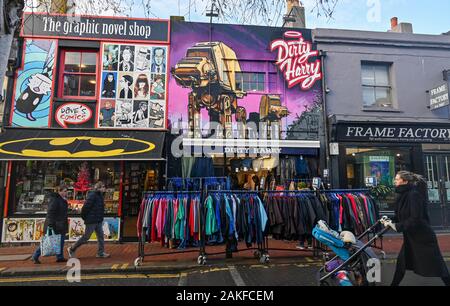Dirty Harry fashion boutique and the Graphic Novel Shop in Sydney Street Brighton which is part of the bohemian North Laine area of the city Stock Photo