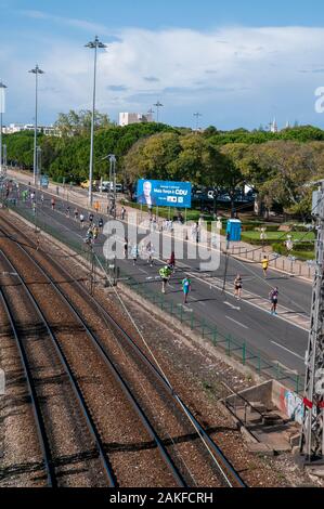 On Sunday, October 20th 2019 thousands of runners participated in the annual Lisbon marathon. Photographed in Belem, Lisbon, Portugal Stock Photo