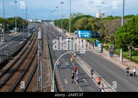 On Sunday, October 20th 2019 thousands of runners participated in the annual Lisbon marathon. Photographed in Belem, Lisbon, Portugal Stock Photo