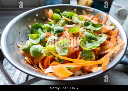 Sprout and carrot vegetable peelings in a metal colander in a residential kitchen as part of preparing a meal. Stock Photo