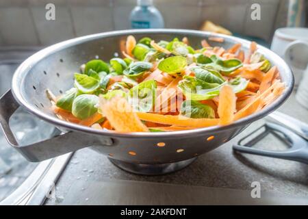 Sprout and carrot vegetable peelings in a metal colander in a residential kitchen as part of preparing a meal. Stock Photo