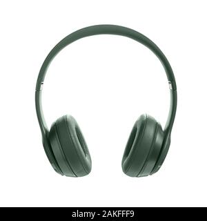 Green wireless headphone on white background. Headphones isolated on a white background, product photography, pine green color Stock Photo