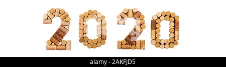 Isolated number made of wine corks. New Year 2020 isolated on white background. Stock Photo