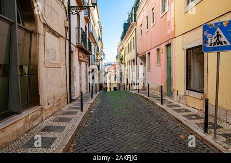 Narrow cobbled Street scene, Bairro Alto, Lisbon, Portugal Stock Photo