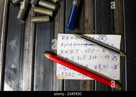 A sheet of paper with notes on the locksmith's Desk Stock Photo