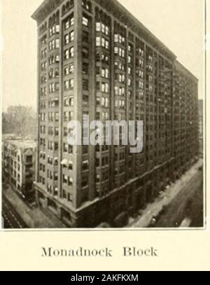 Chicago: its history and its builders; a century of marvelous growth . Chicago Stock Exchange Building Monadnock Block A GROUP &lt;)F CHICAGO SKYSCRAPERS CHICAGO: ITS HISTORY AND ITS BUILDERS 327 basis. There was no undue inflation. Every figure was warranted by the facts,and the road was again clear for further unimpeded advancement. After the inauguration of Mr. McKinley as president of the United States in1897, Mr. Gage was invited to become a member of his cabinet as Secretary ofthe Treasury, and having accepted this offer he resigned his position as presidentof the First National Bank. Th Stock Photo