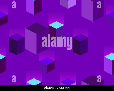 Isometric cubes seamless pattern. 80s retro style design, purple background. Vector illustration Stock Vector