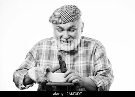 Shoe Repair Shop Senior Master With Hammer Repairing Shoe Custom Made Shoes Handmade Concept Designing Shoe Craftsman Laborer Worker Man Bearded Handyman Working With Tools White Background Stock Photo Alamy