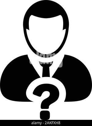 Person icon with question mark symbol vector with male profile avatar for help in a glyph pictogram illustration Stock Vector
