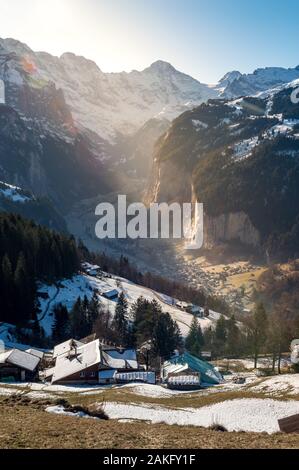 view from Wengen Lischboden over Lauterbrunnen Valley on a beautiful winter morning Stock Photo