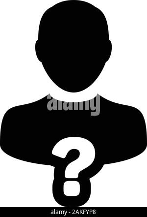 Doubt icon vector question mark with male user person profile avatar symbol for help sign in a glyph pictogram illustration Stock Vector