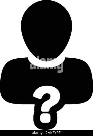 Solution icon vector question mark with male user person profile avatar symbol for help sign in a glyph pictogram illustration Stock Vector