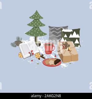 Christmas composition. Gift, pillows, fir tree branches, cocoa cup, and cookies on blue background. Christmas, winter, new year concept. Vector Stock Vector
