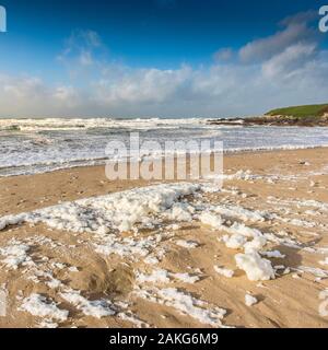 Spume or sea foam left on Fistral Beach during windy conditions in Newquay in Cornwall. Stock Photo