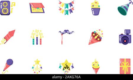 Icon set design, Party celebration event happy birthday holiday surprise anniversary and decorative theme Vector illustration Stock Vector