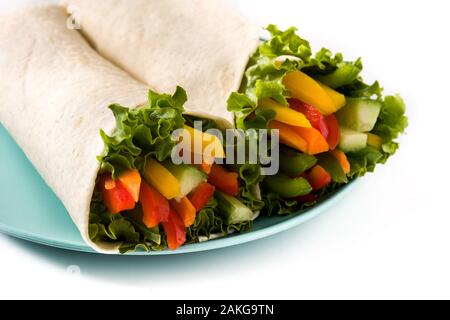 Vegetable tortilla wraps isolated on white background. Close up Stock Photo
