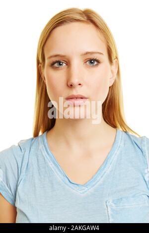 Biometric passport photo of a young serious blond woman Stock Photo