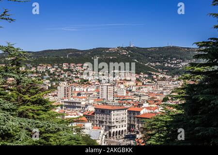 View of the piazza carlo goldoni in trieste, italy, from the scala dei giganti. Skyline, theater and university visible. Stock Photo