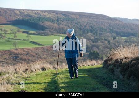 Elderly couple climbing Hawnby Hill, North Yorkshire, UK Stock Photo