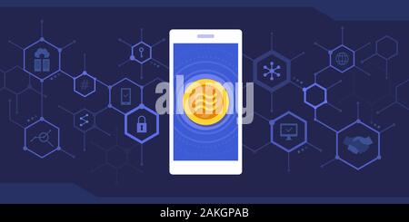 Smartphone with libra coin and cryptocurrency blockchain background Stock Vector