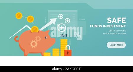 Safe funds investment promotional advertisement with piggy bank and money Stock Vector