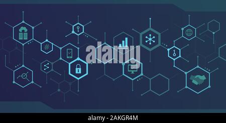 Internet, blockchain and data abstract background with hexagonal icons connecting Stock Vector