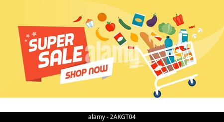 Grocery shopping promotional sale banner: fast shopping cart full of fresh colorful food Stock Vector